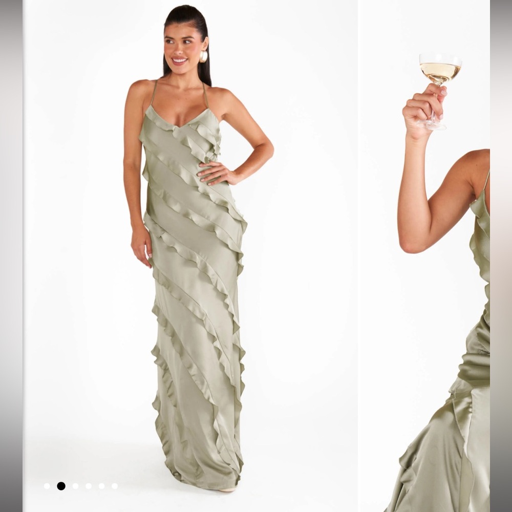 Show me your mumu romance ruffle dress in moss green luxe satin